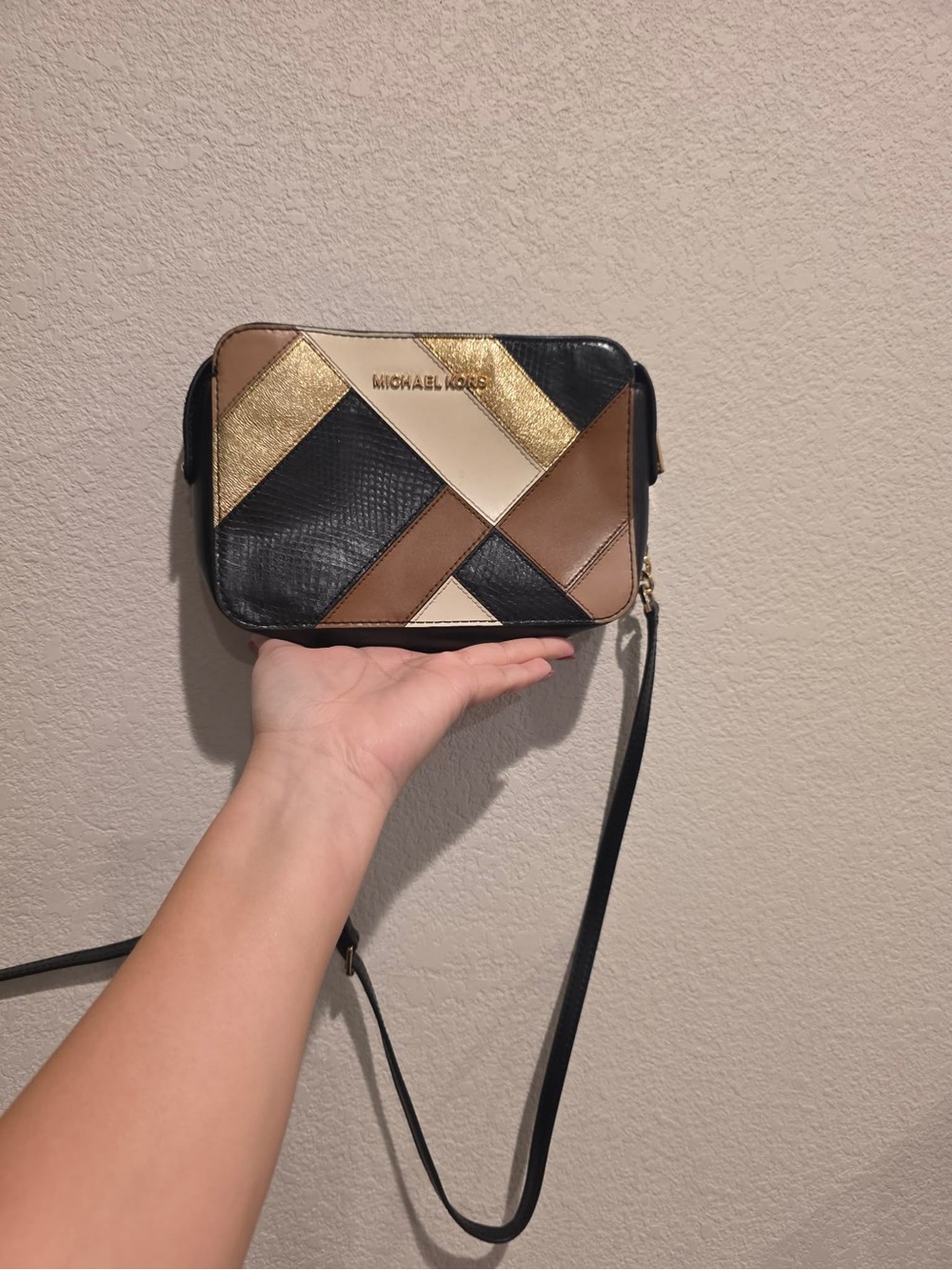 Michael Kors Black, Brown, Cream & Gold Geometric Patchwork Crossbody